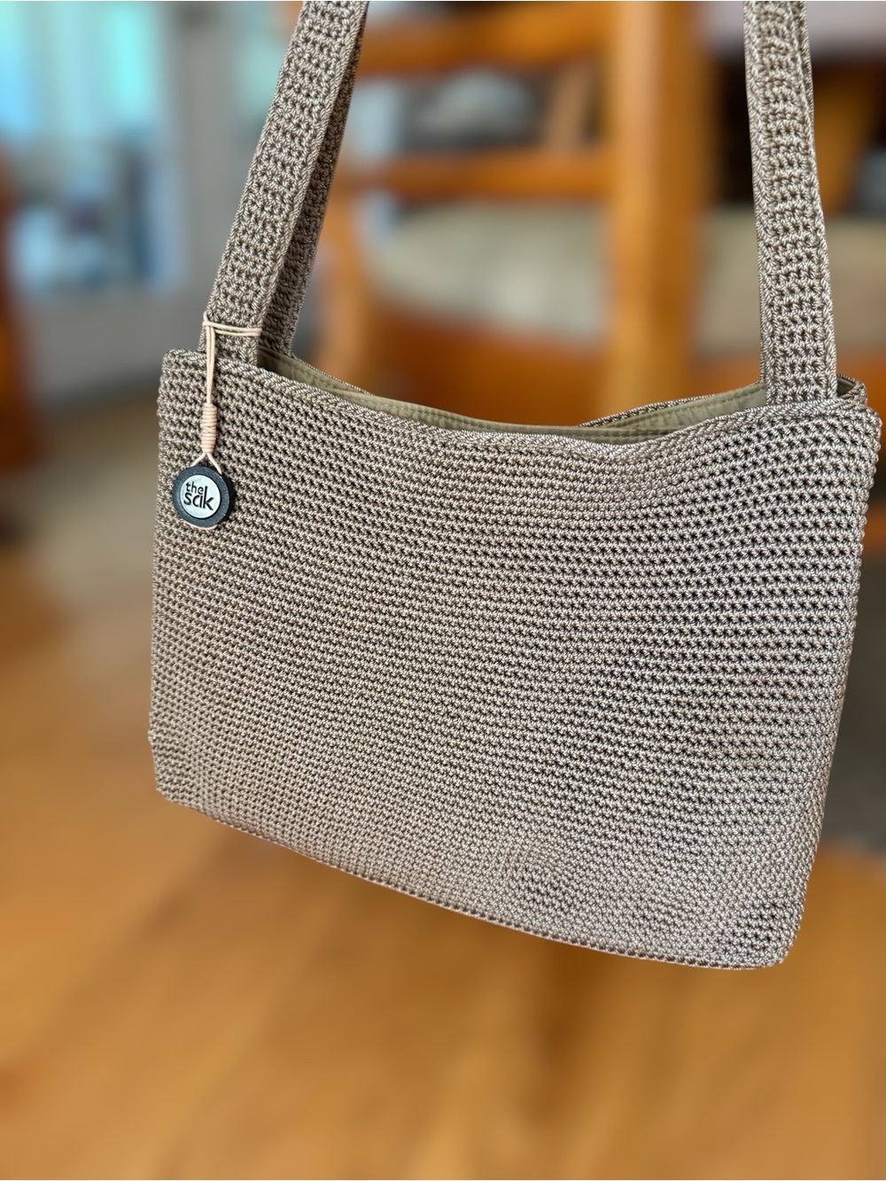 The Sak Crochet Shoulder Tote Taupe Large 16” Hand Crochet Bag Boho Travel NWOT